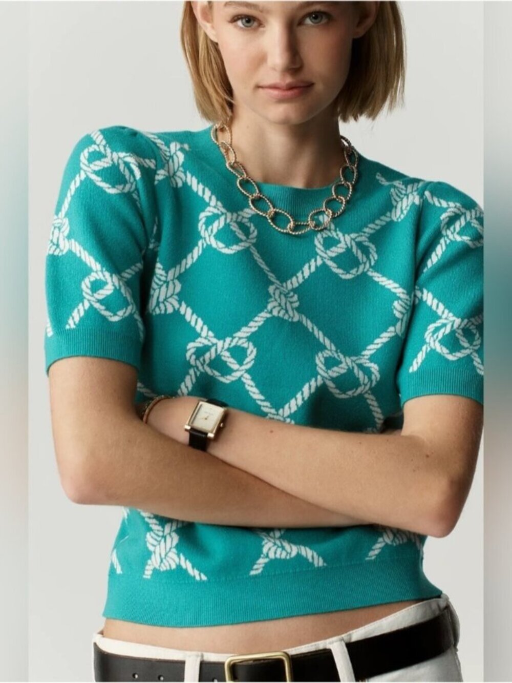 NWT Size XL - Maeve Short- Puff-Sleeve Knitted Sweater Top Green